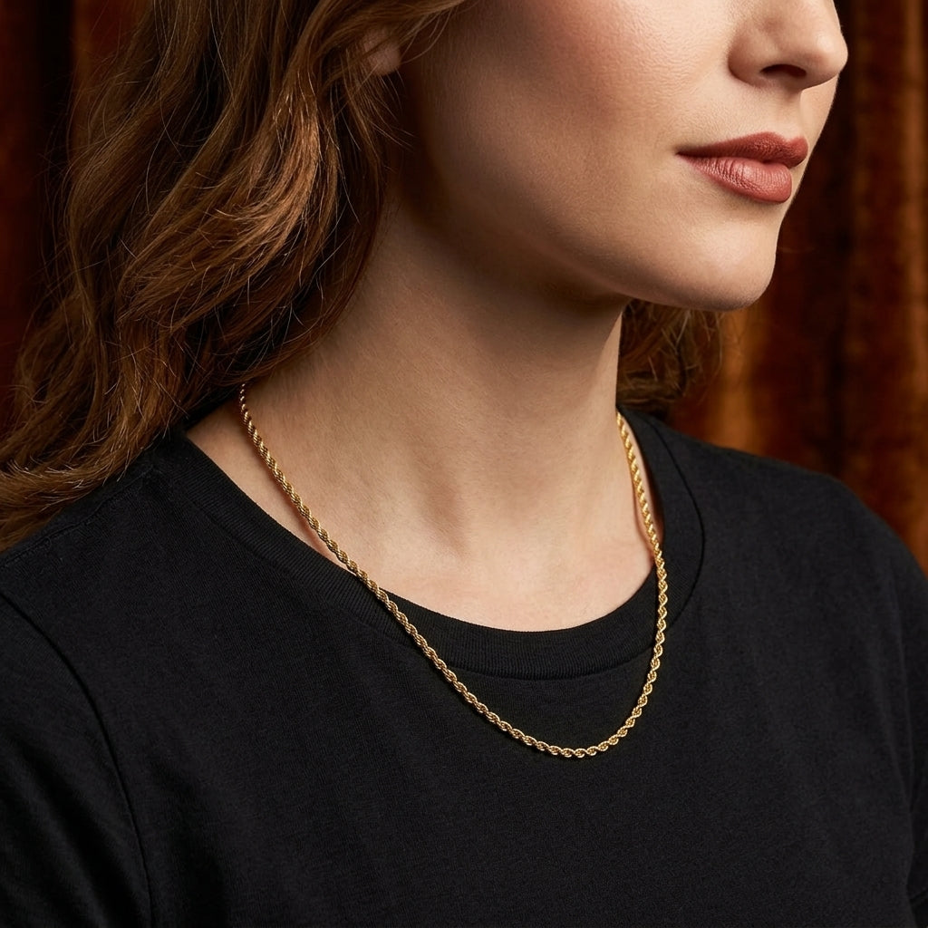 18K gold bonded 2mm rope chain necklace for everyday wear