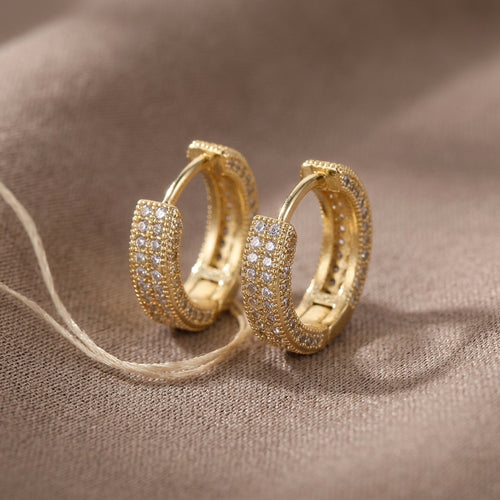 Celestial Spark Gold Huggie Earrings with sparkling 5A CZ stones