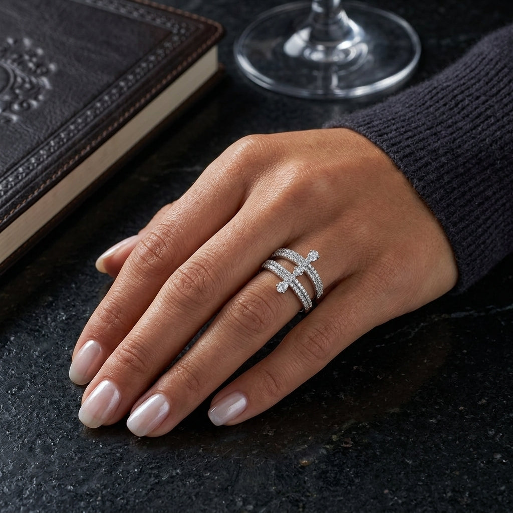 Waterproof silver ring featuring an intricate sword motif