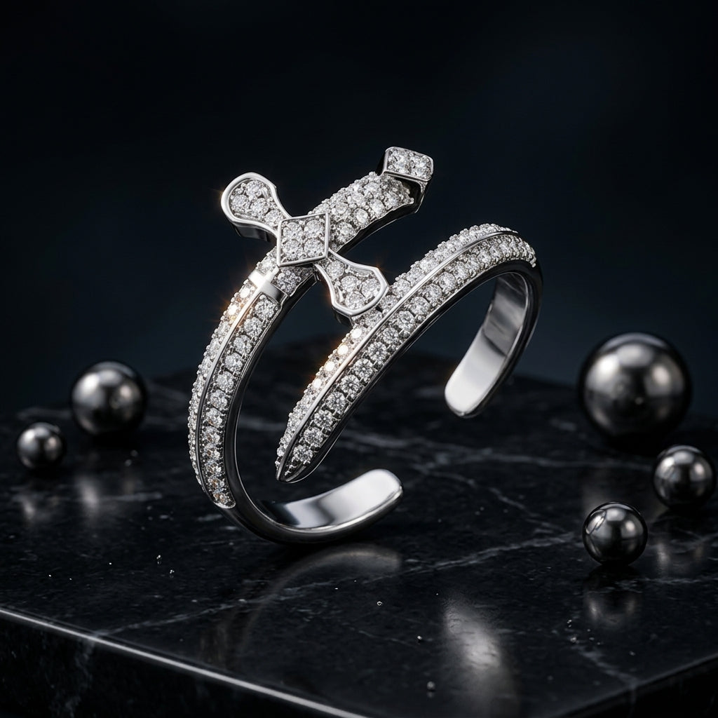 Stainless steel silver sword statement ring for everyday wear