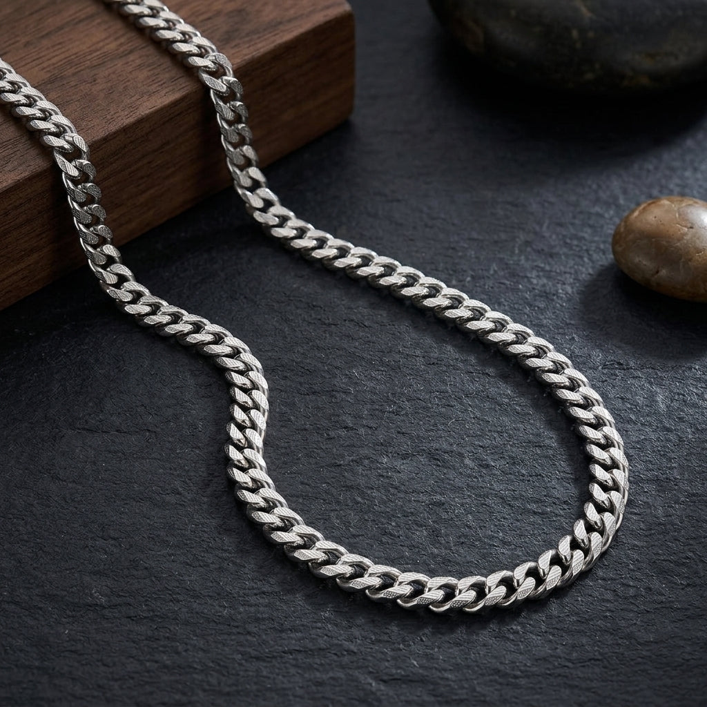 Sterling Edge Micro Cuban Chain Necklace with polished 3mm silver links