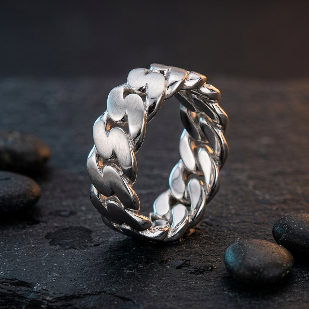 Sterling Prestige Cuban Link Ring with polished silver finish
