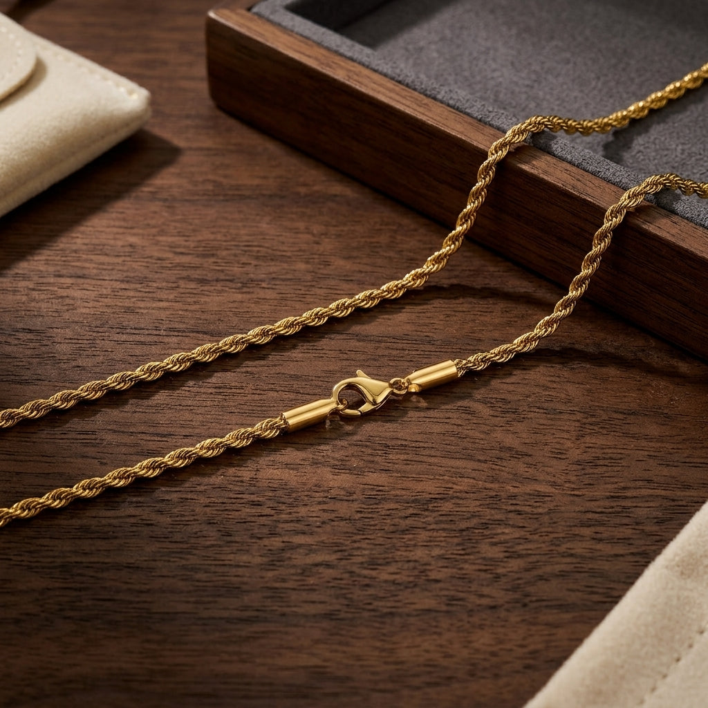 Waterproof gold rope chain necklace with polished finish