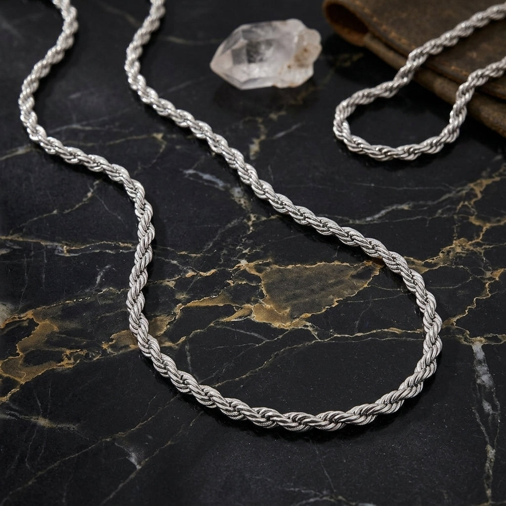 Waterproof silver rope chain with polished twisted design