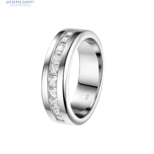 Joseph Goott Newshe Moissanite Men's Wedding Band with polished silver finish