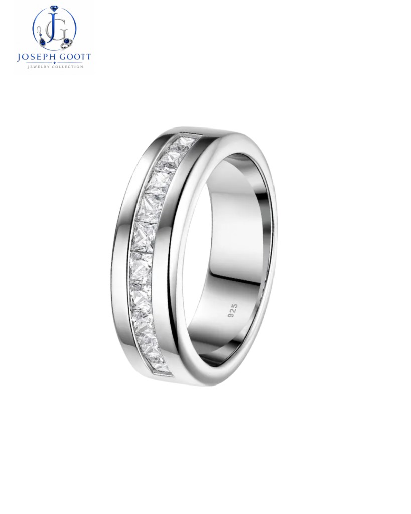 Joseph Goott Newshe Moissanite Men's Wedding Band with polished silver finish